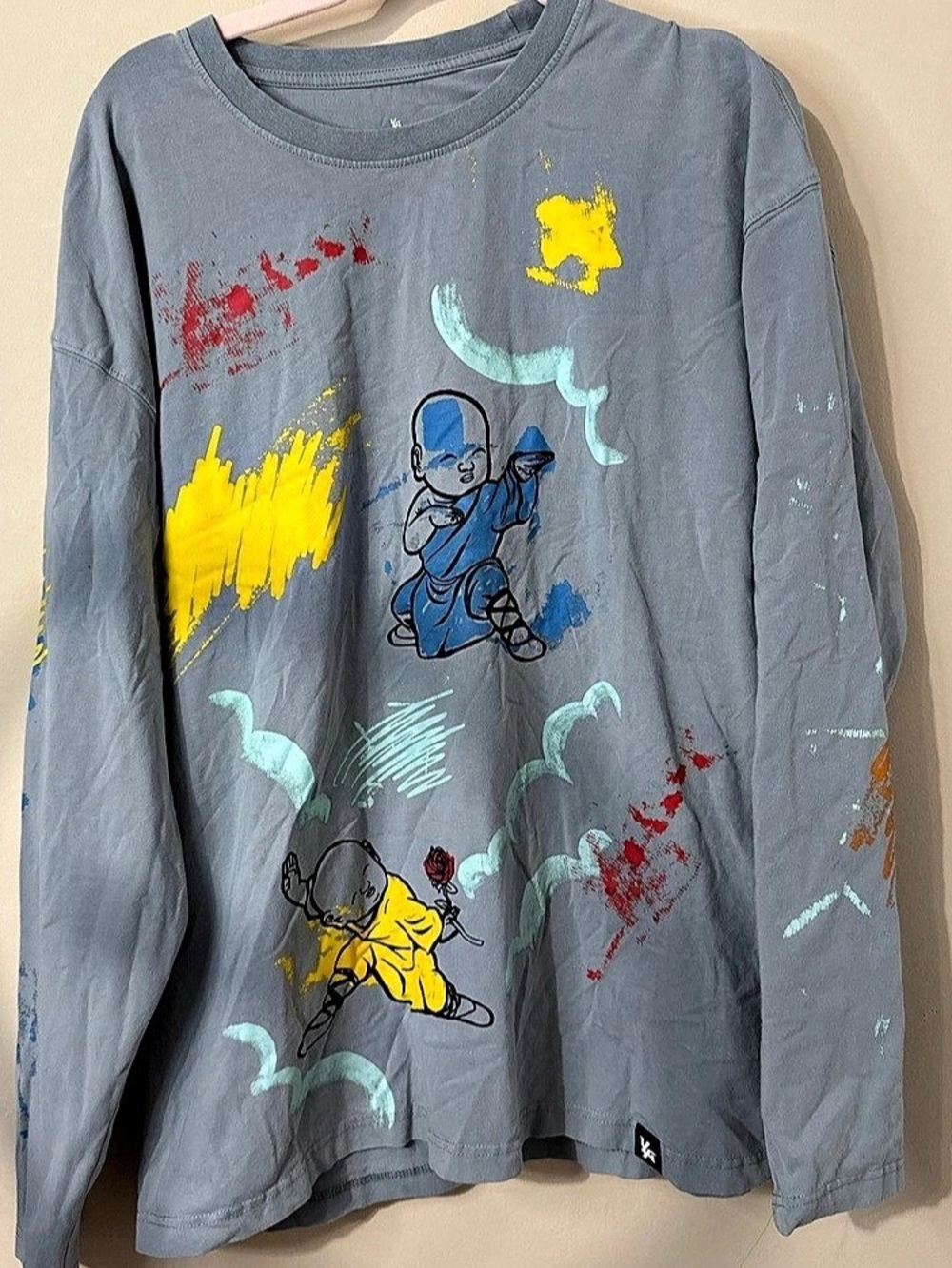 YoungLA Little Monk Spray Paint Splatter Graphic Long Sleeve Tee Gray & Blue XL